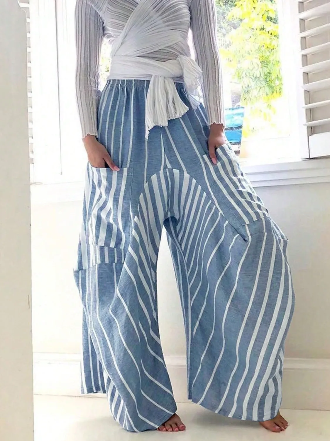 🌟 Striped Elastic Waist Wide Leg Pants 🌟