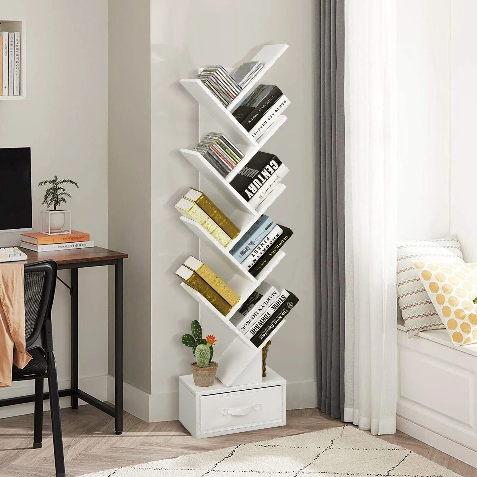 10-Tier Freestanding Tree Bookshelf with Drawer-White