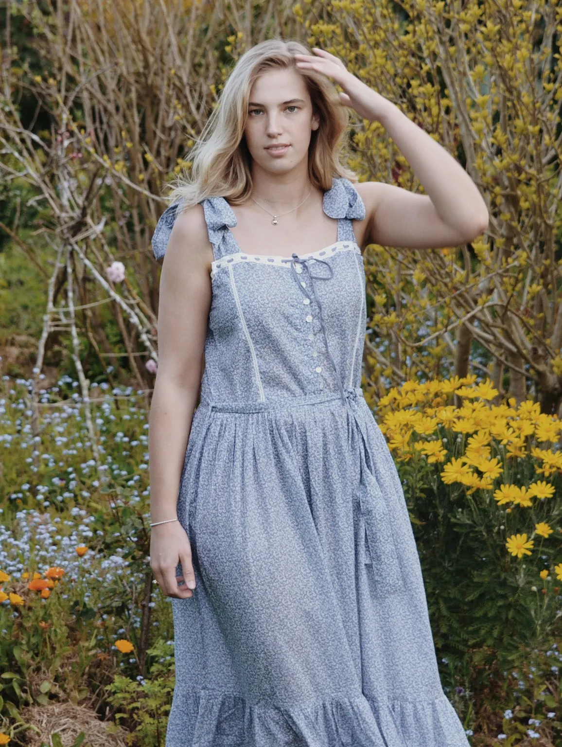 100% RECYCLED COTTON - ADELINE MAXI DRESS CORNFLOWER BLUE ROSE