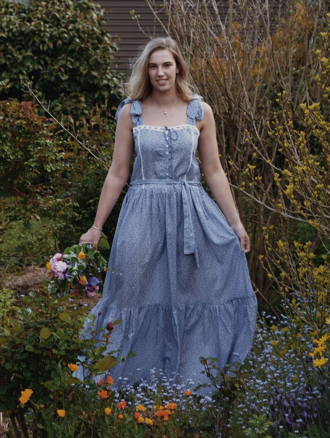 100% RECYCLED COTTON - ADELINE MAXI DRESS CORNFLOWER BLUE ROSE