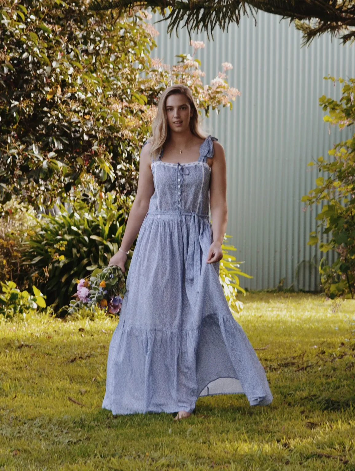 100% RECYCLED COTTON - ADELINE MAXI DRESS CORNFLOWER BLUE ROSE