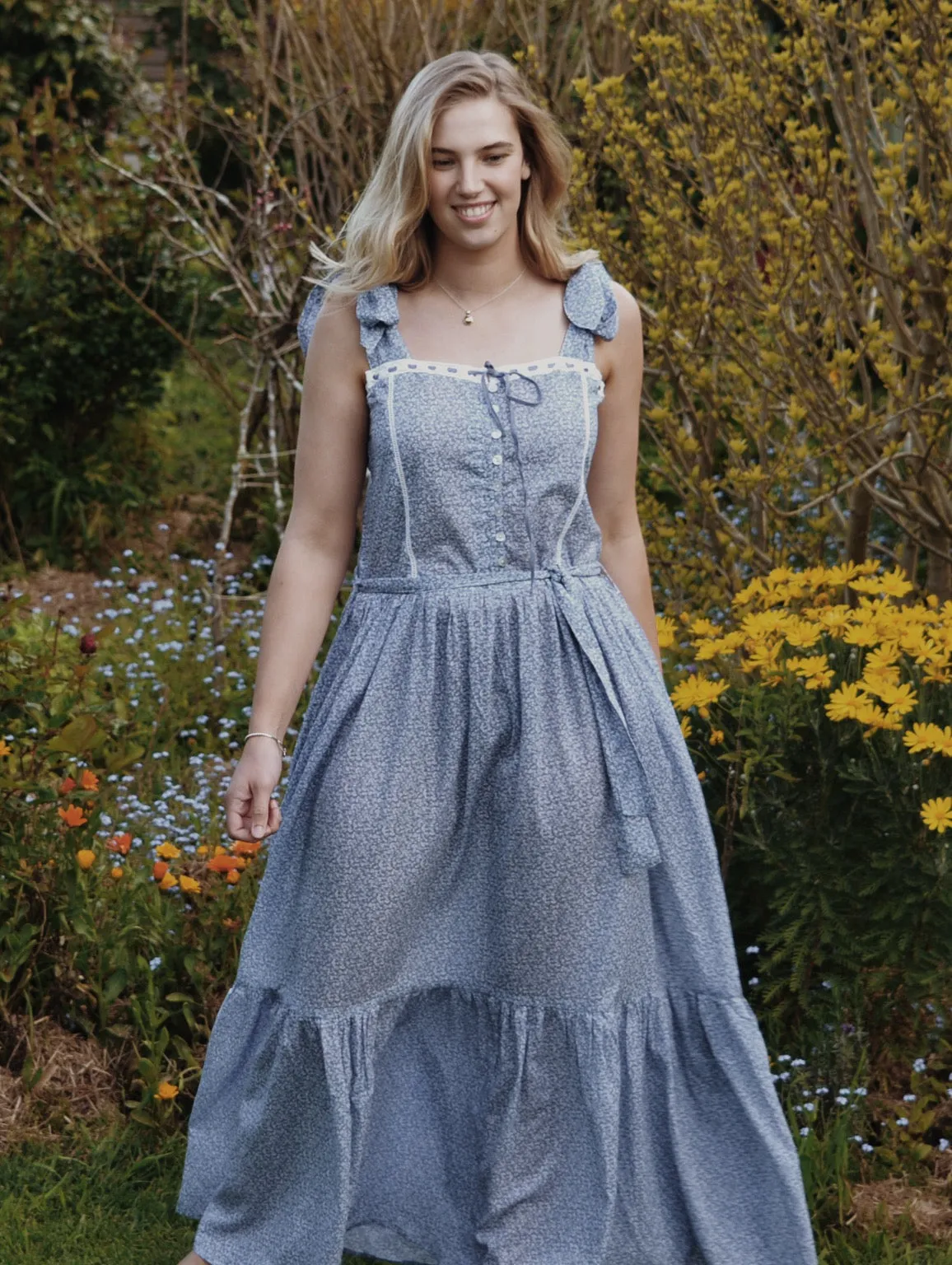 100% RECYCLED COTTON - ADELINE MAXI DRESS CORNFLOWER BLUE ROSE