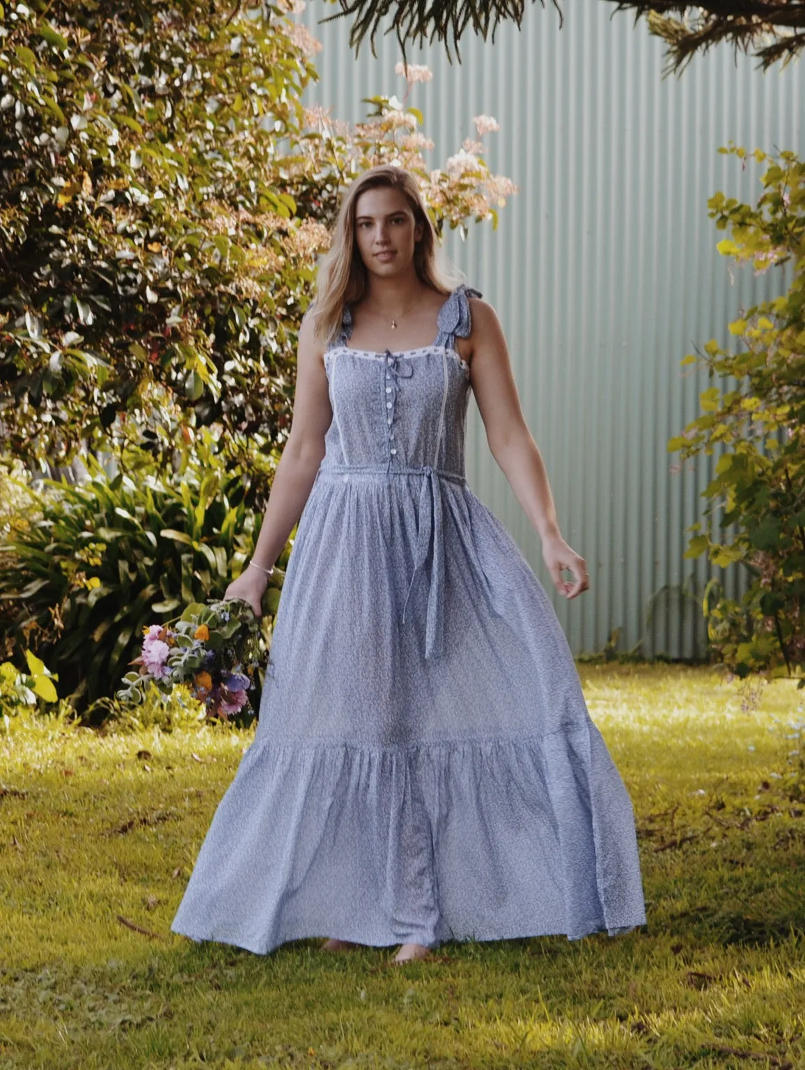 100% RECYCLED COTTON - ADELINE MAXI DRESS CORNFLOWER BLUE ROSE