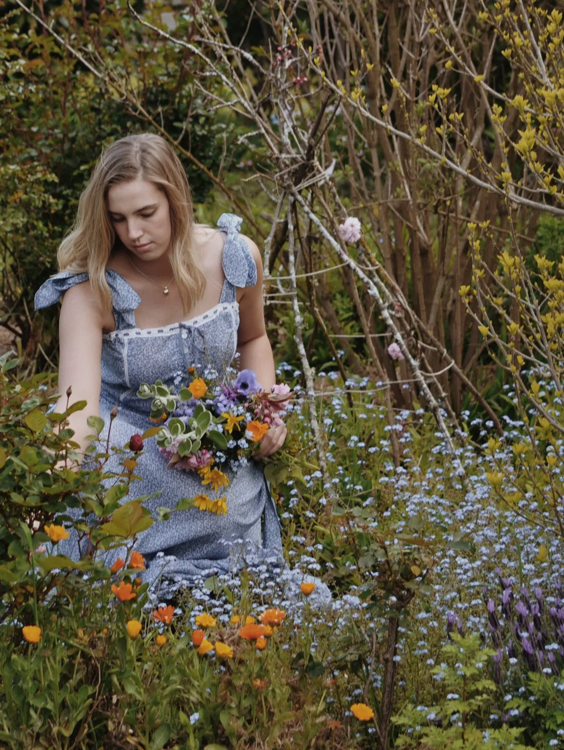 100% RECYCLED COTTON - ADELINE MAXI DRESS CORNFLOWER BLUE ROSE