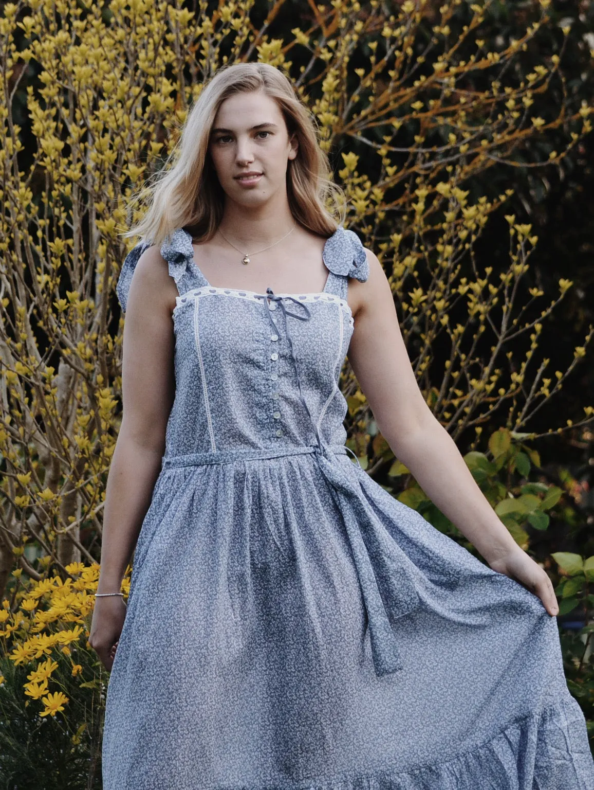 100% RECYCLED COTTON - ADELINE MAXI DRESS CORNFLOWER BLUE ROSE