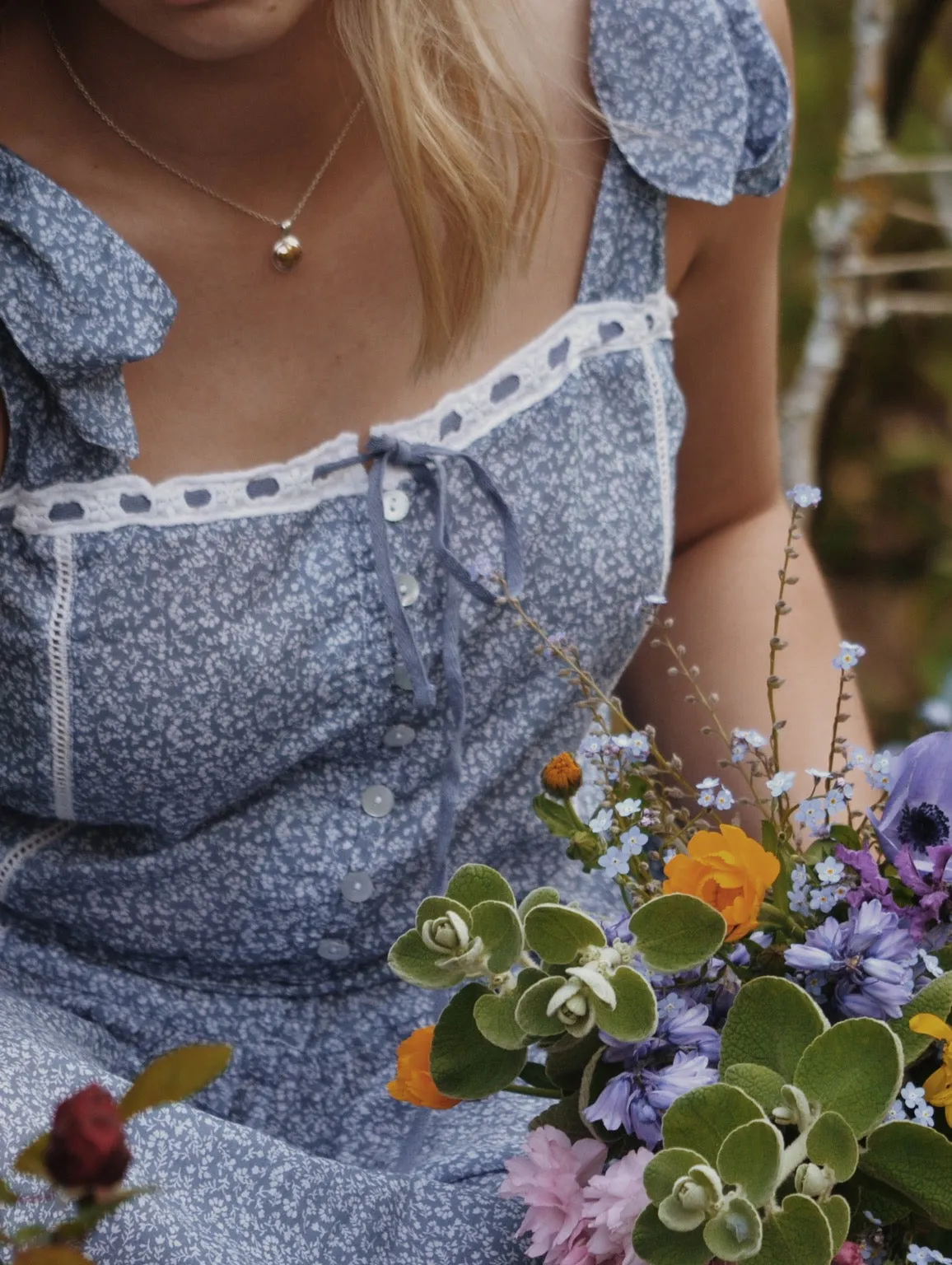 100% RECYCLED COTTON - ADELINE MAXI DRESS CORNFLOWER BLUE ROSE