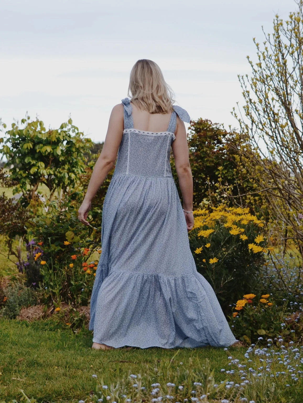 100% RECYCLED COTTON - ADELINE MAXI DRESS CORNFLOWER BLUE ROSE