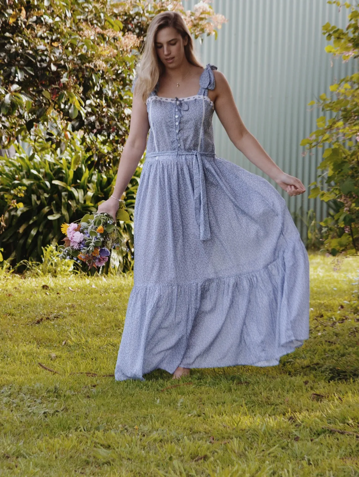 100% RECYCLED COTTON - ADELINE MAXI DRESS CORNFLOWER BLUE ROSE