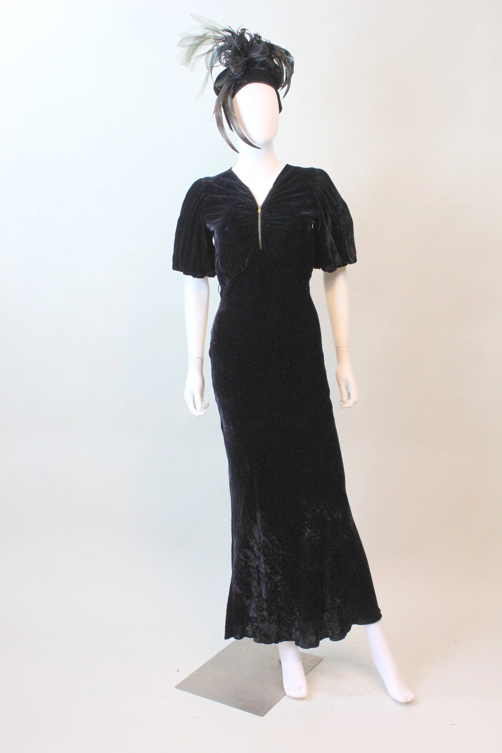 1930s ZIPPER front puff sleeves silk VELVET dress xs | new fall