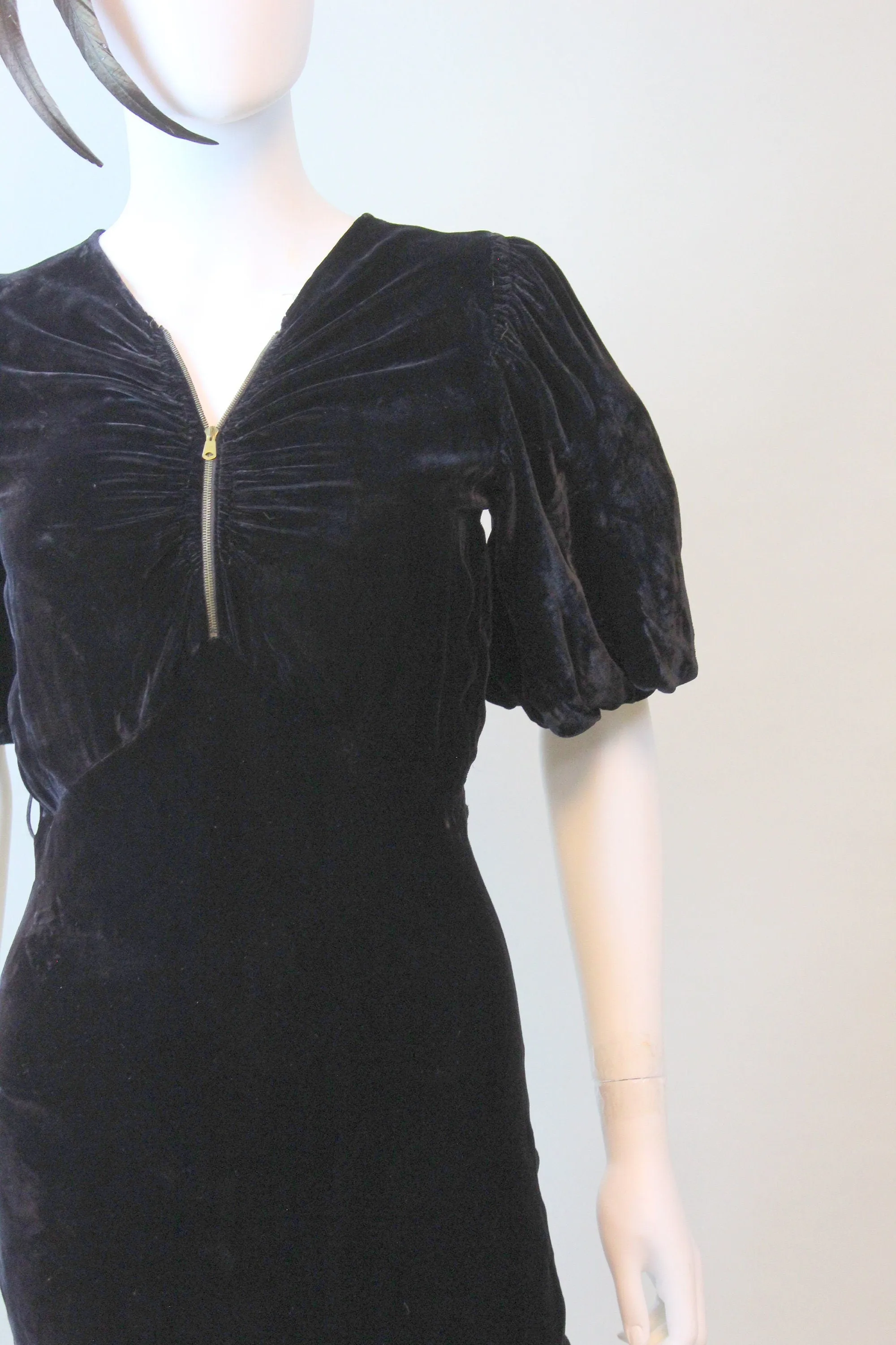 1930s ZIPPER front puff sleeves silk VELVET dress xs | new fall