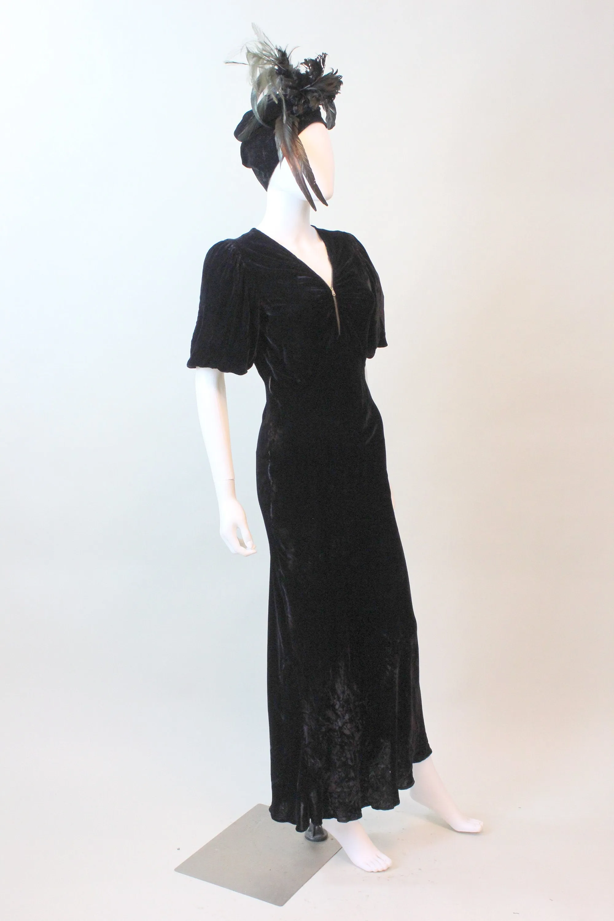 1930s ZIPPER front puff sleeves silk VELVET dress xs | new fall