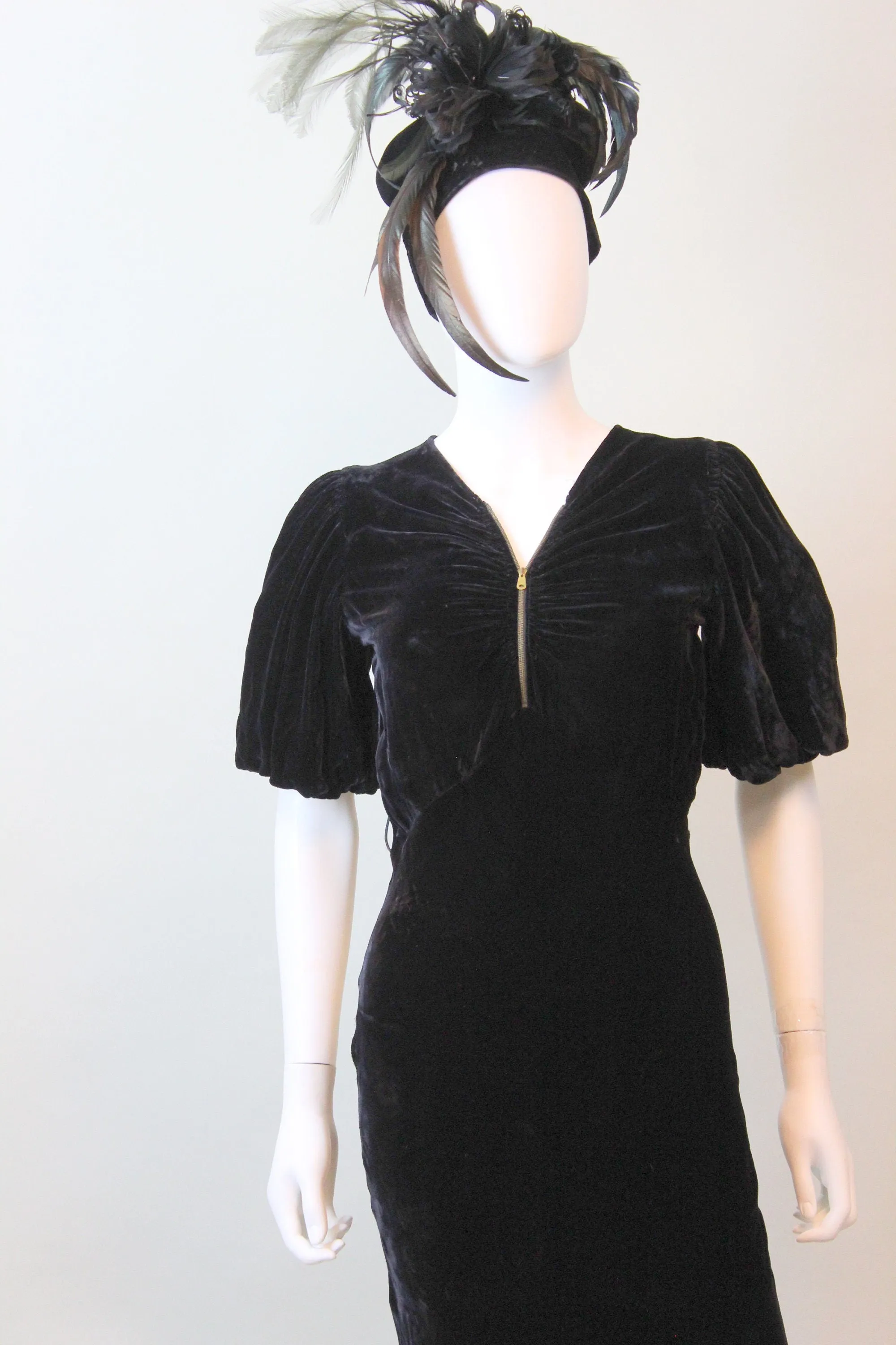 1930s ZIPPER front puff sleeves silk VELVET dress xs | new fall