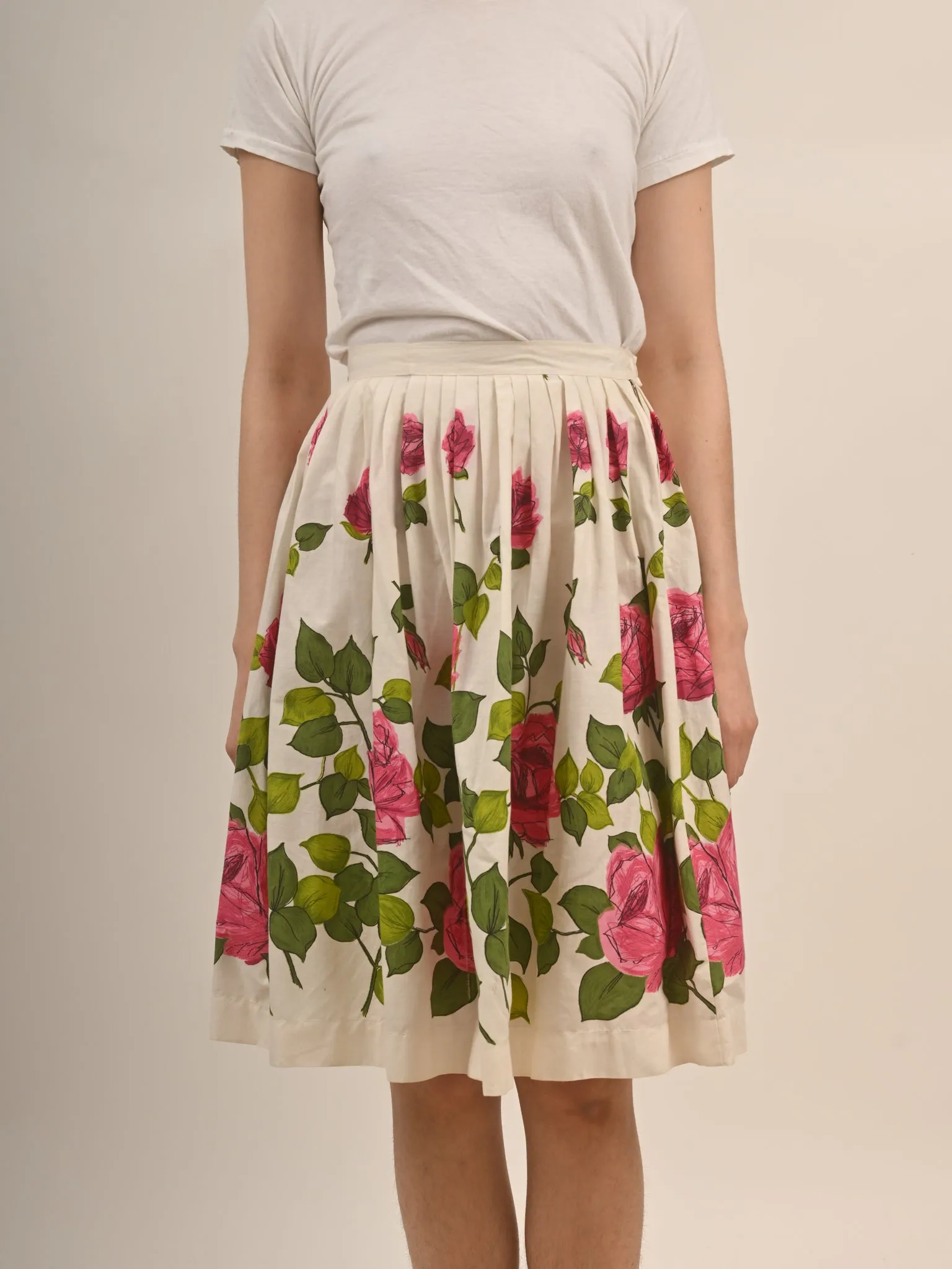 1950s Cotton Pink Rose Print Circle Skirt