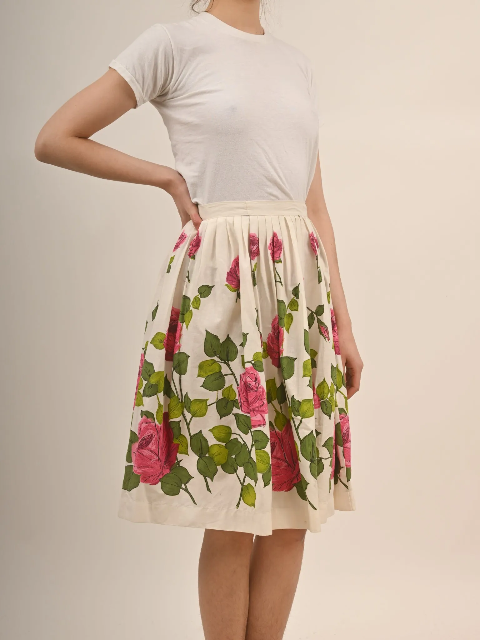 1950s Cotton Pink Rose Print Circle Skirt