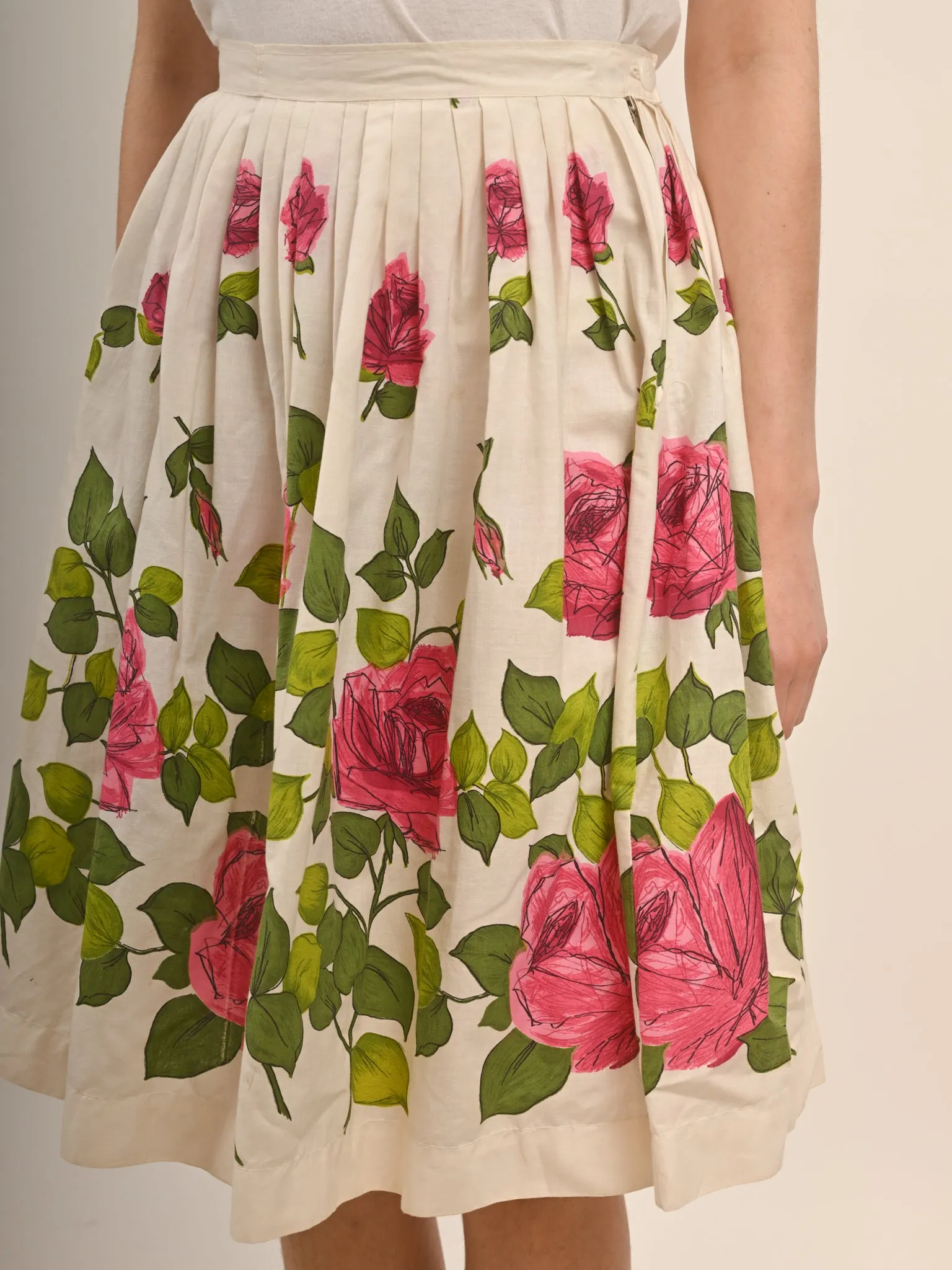 1950s Cotton Pink Rose Print Circle Skirt