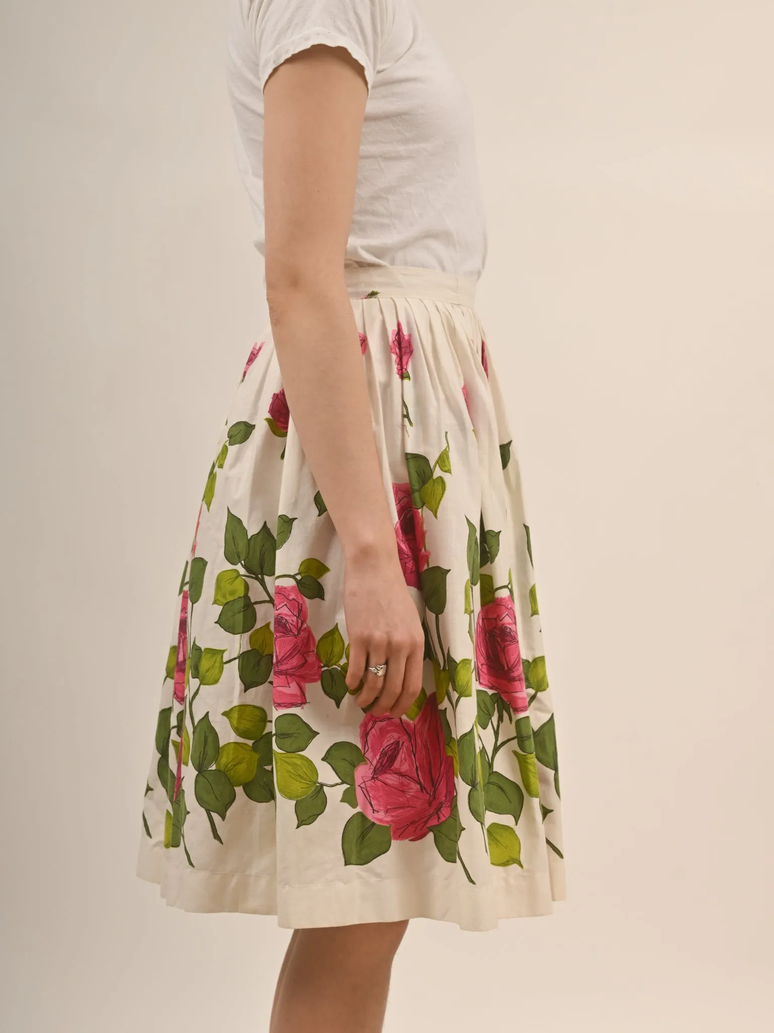 1950s Cotton Pink Rose Print Circle Skirt