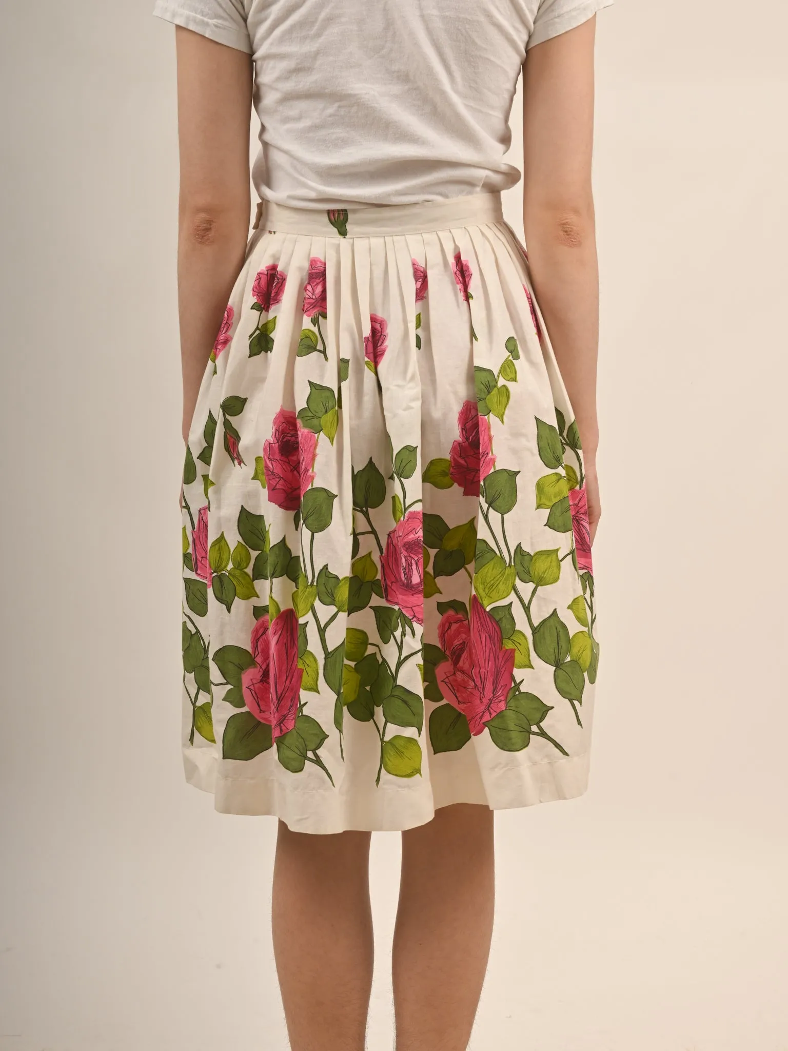 1950s Cotton Pink Rose Print Circle Skirt