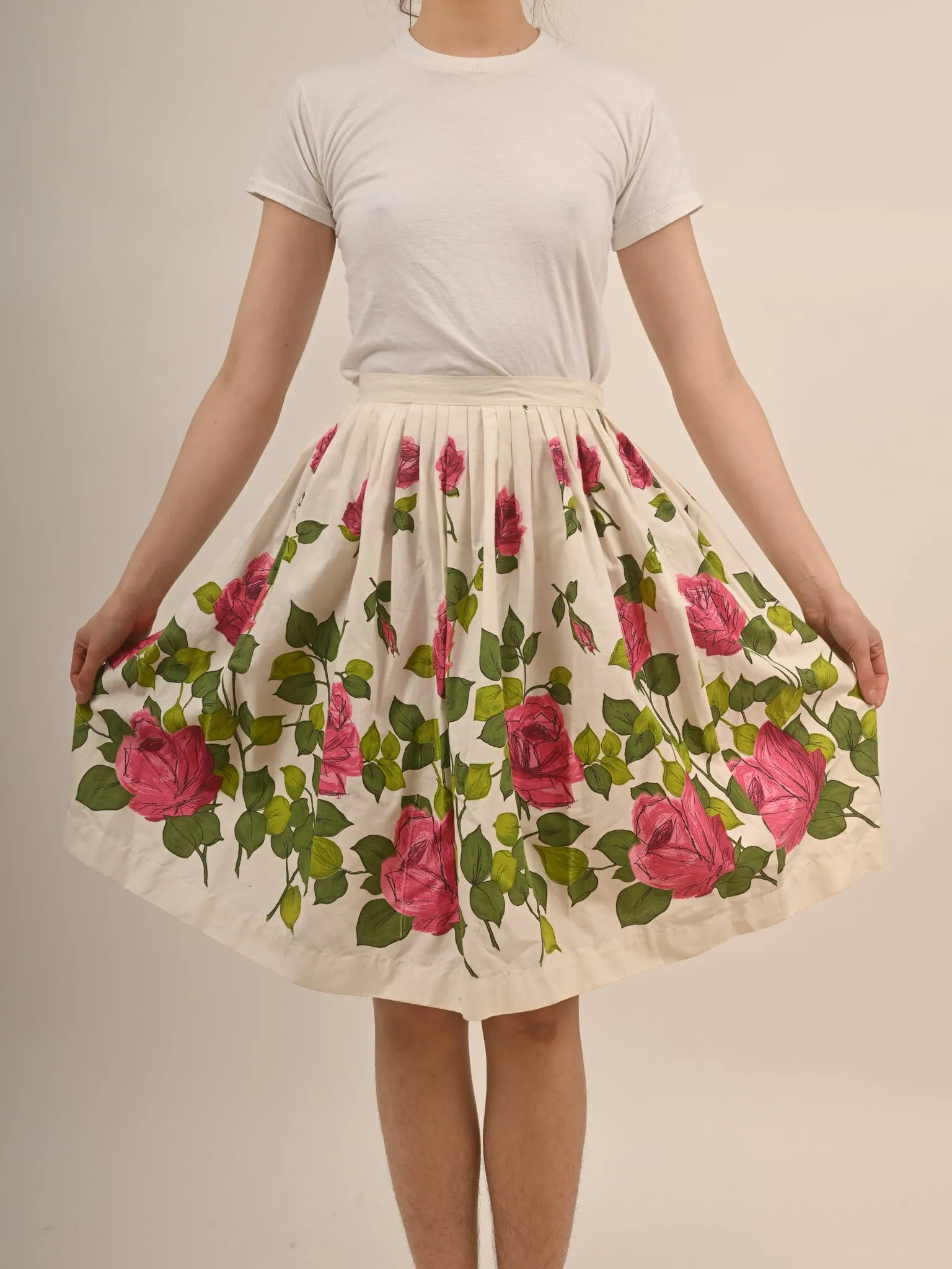 1950s Cotton Pink Rose Print Circle Skirt