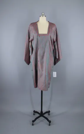 1960s Vintage Silk Kimono Jacket Coat Michiyuki / Grey Blue & Red Stripes