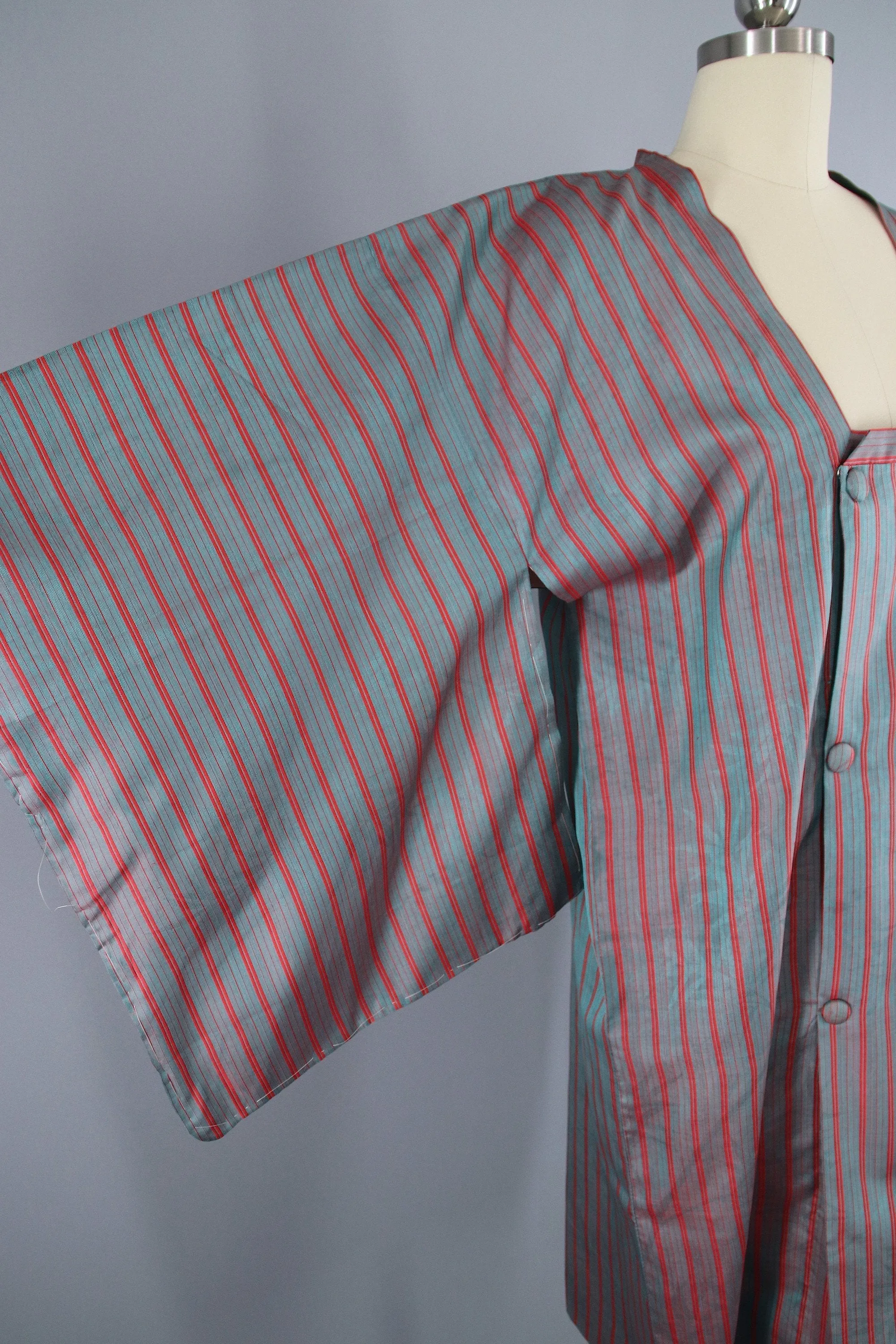 1960s Vintage Silk Kimono Jacket Coat Michiyuki / Grey Blue & Red Stripes