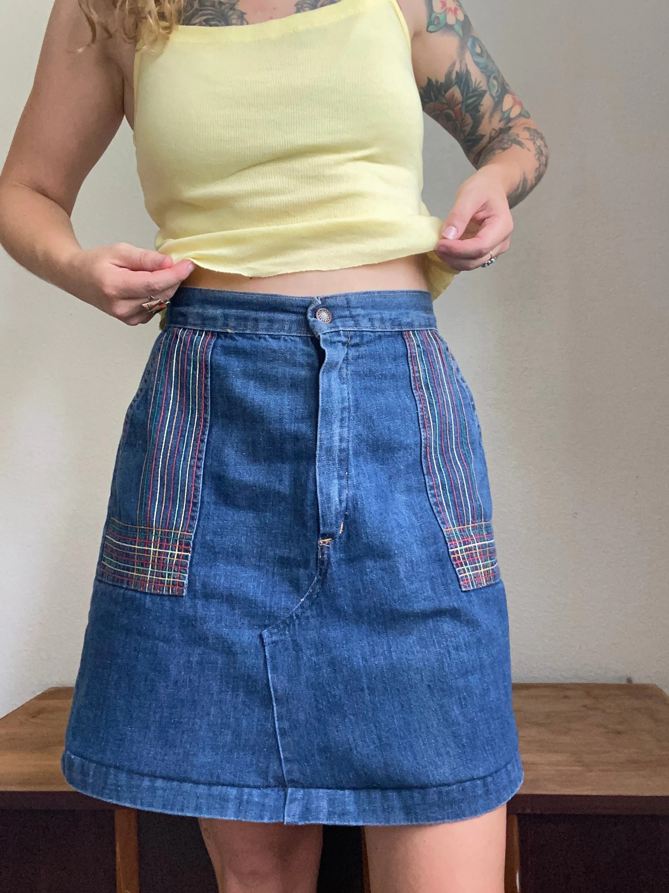 1970s Rainbow embroidered denim skirt