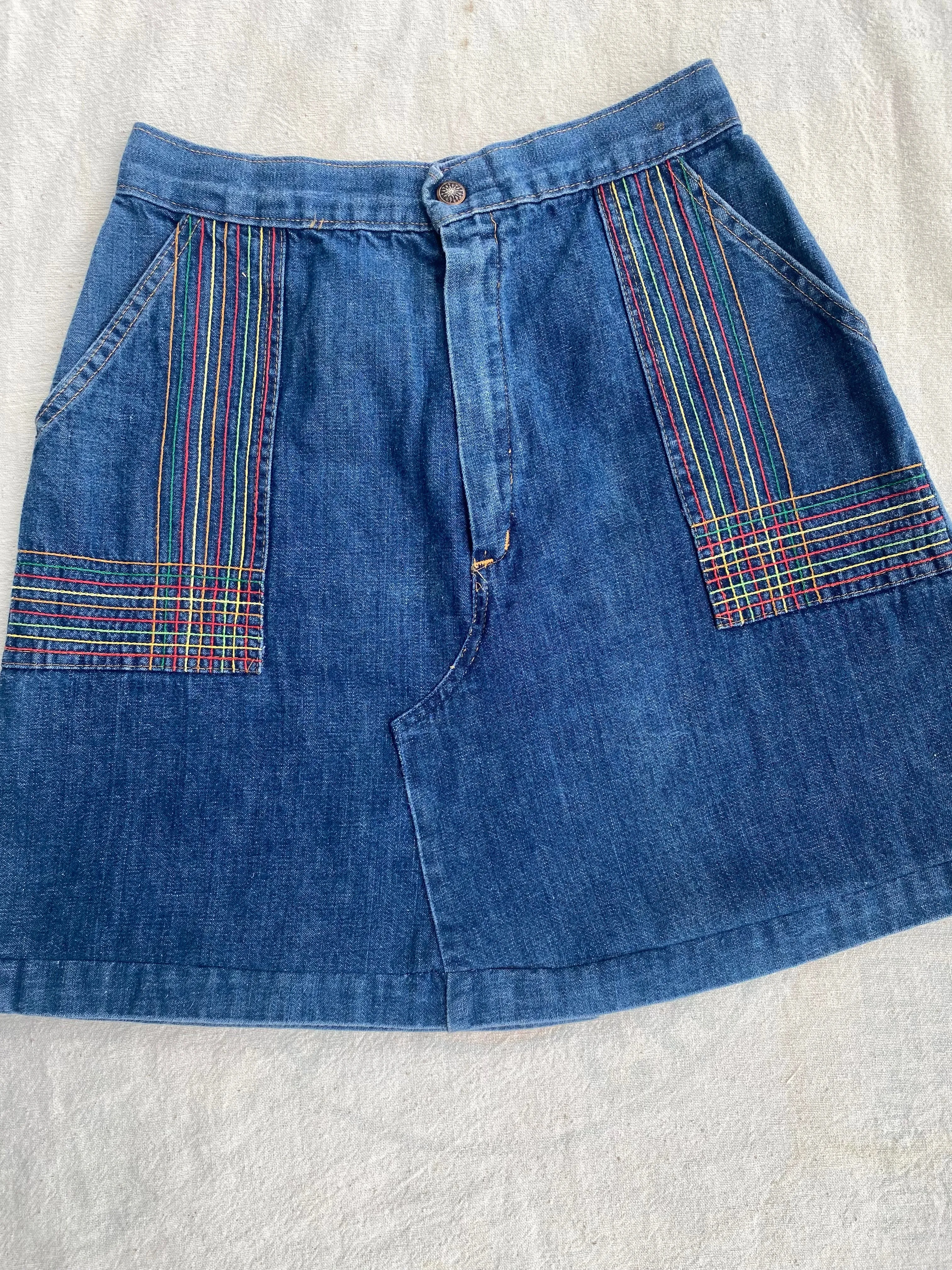 1970s Rainbow embroidered denim skirt