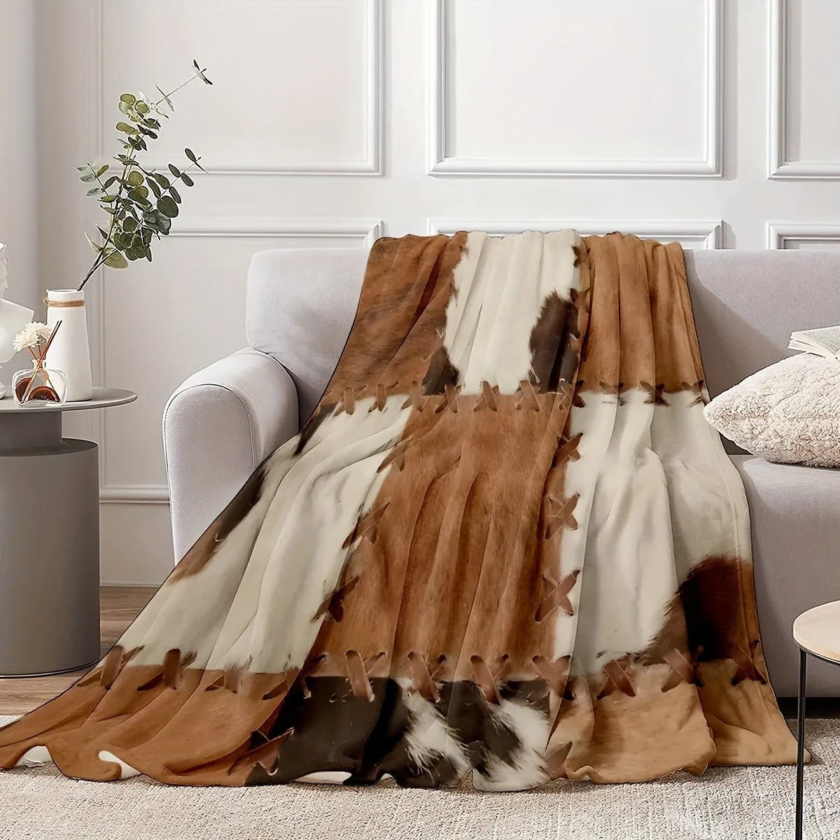 1pc Cozy Flannel Patchwork Faux Animal Fur Blanket Shawl - Soft, Skin-Friendly, Casual, Multi-Purpose, Perfect for Sofa, Lunch Break, Nap, and Outdoor Use - Easy Care, Lightweight, and Versatile Throw Blanket