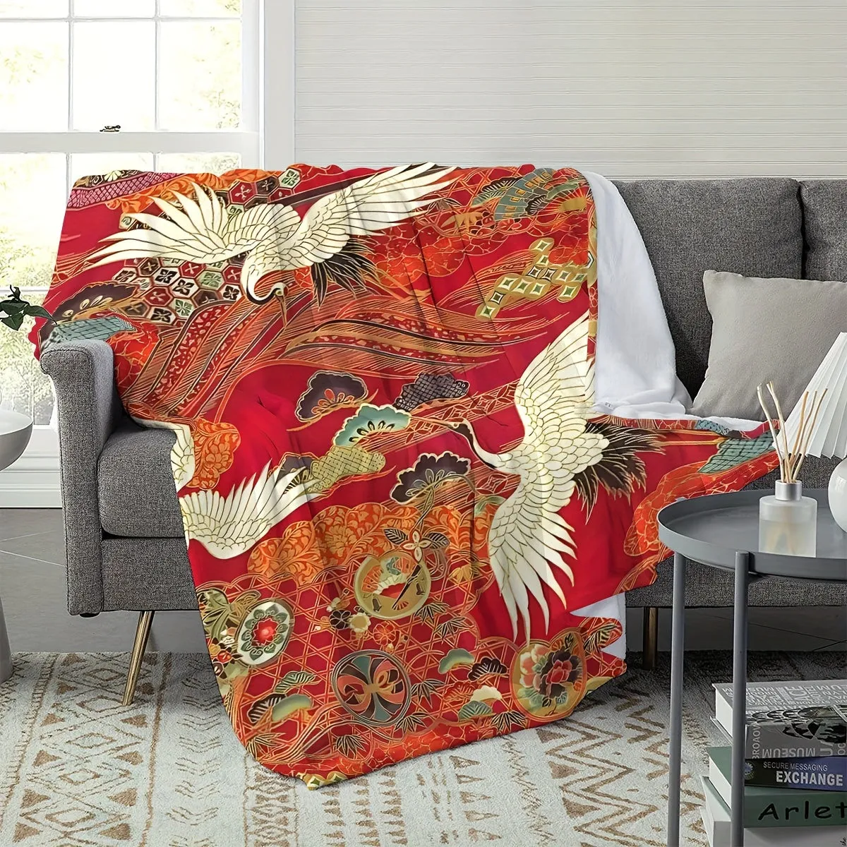 1pc Vibrant Red Traditional Crane Longevity Blessings Soft Fleece Blanket - Cozy Throw for Sofa Bed Office with Asian-Inspired Design, Plush Shawl for Home Travel - Perfect for Cold Winter Nights, Picnics, and Outdoor Activities