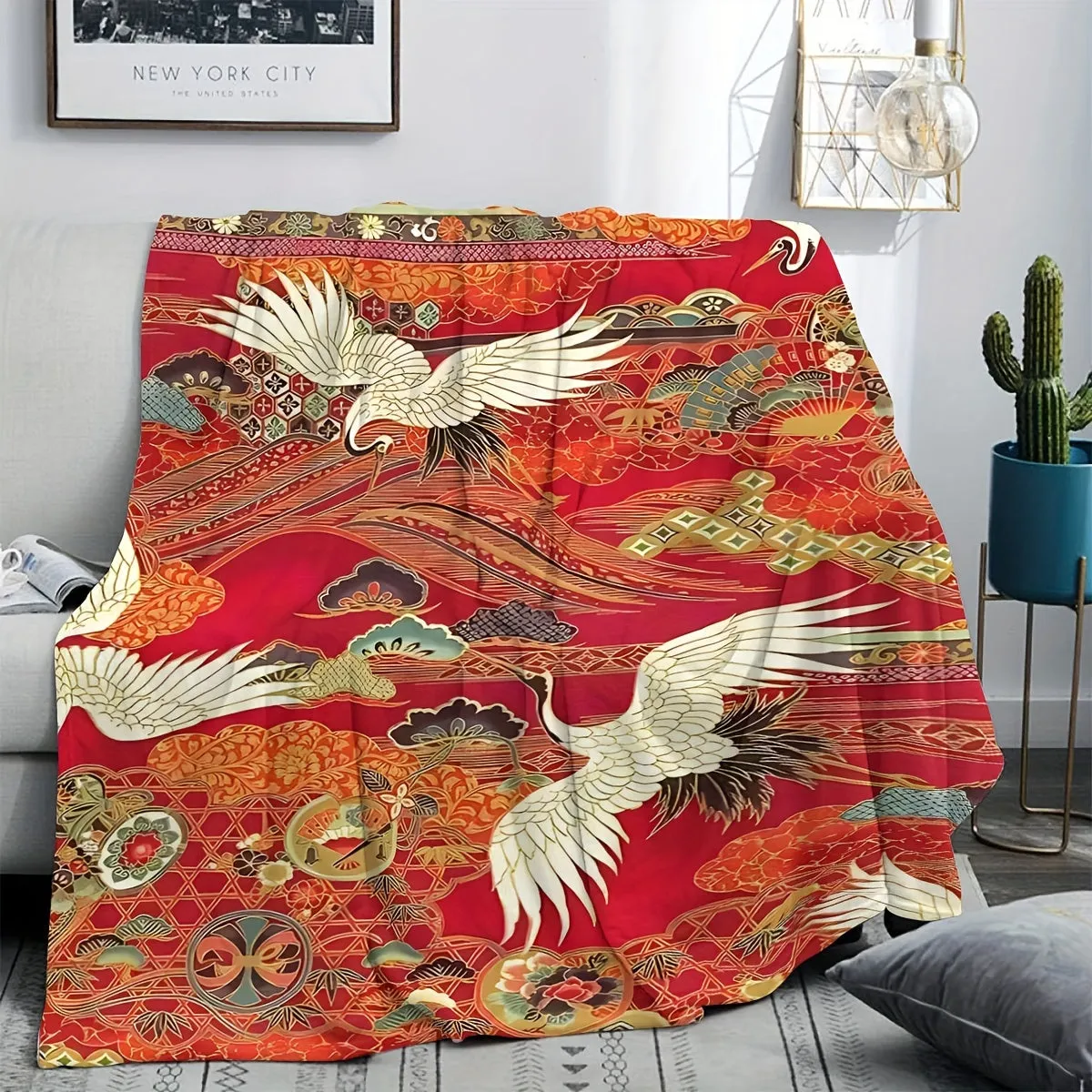 1pc Vibrant Red Traditional Crane Longevity Blessings Soft Fleece Blanket - Cozy Throw for Sofa Bed Office with Asian-Inspired Design, Plush Shawl for Home Travel - Perfect for Cold Winter Nights, Picnics, and Outdoor Activities