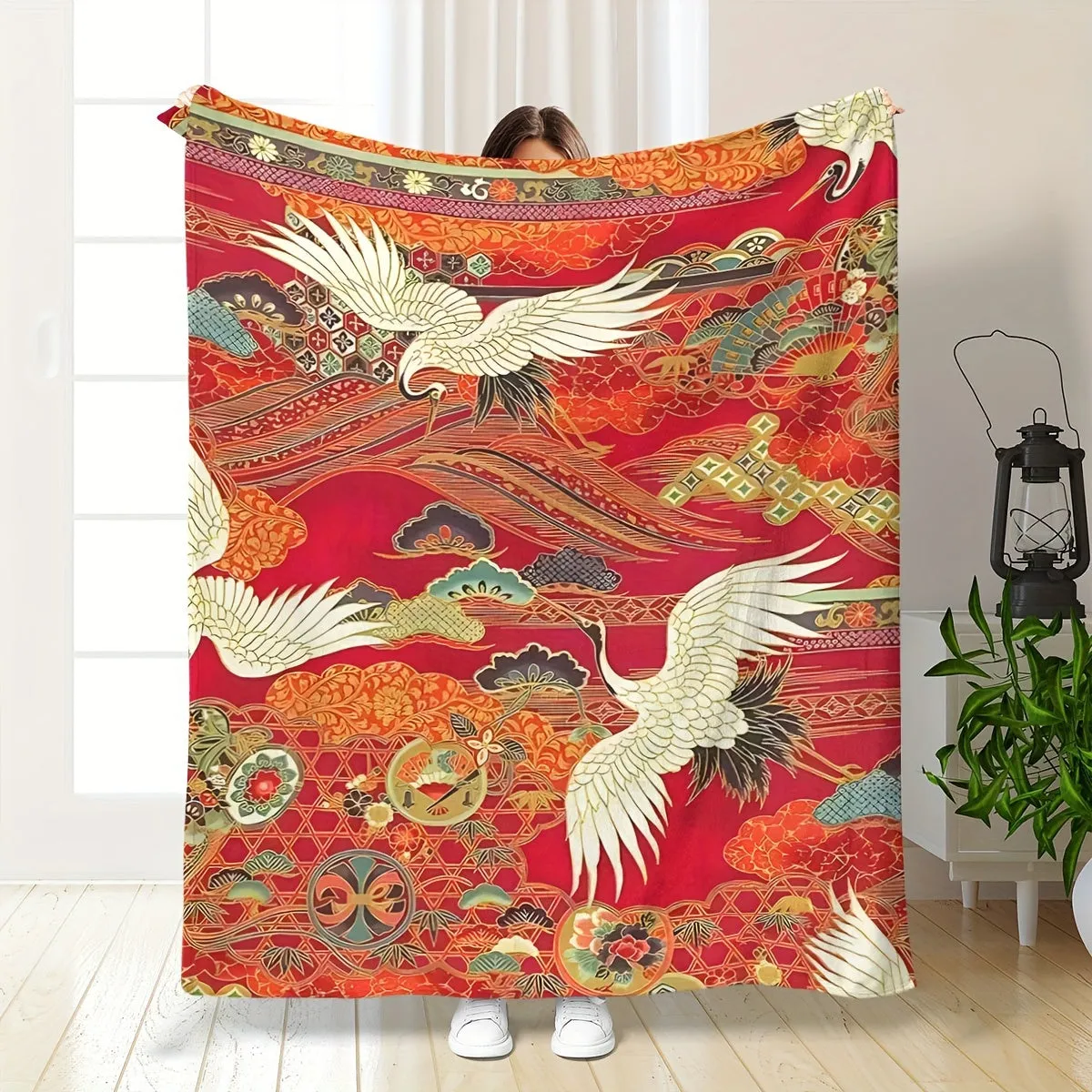 1pc Vibrant Red Traditional Crane Longevity Blessings Soft Fleece Blanket - Cozy Throw for Sofa Bed Office with Asian-Inspired Design, Plush Shawl for Home Travel - Perfect for Cold Winter Nights, Picnics, and Outdoor Activities