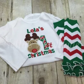 1st Christmas bodysuit or shirt can be Personalized - 1st Christmas Shirt -Babies 1st Christmas Shirt Reindeer Chevron and legwarmers