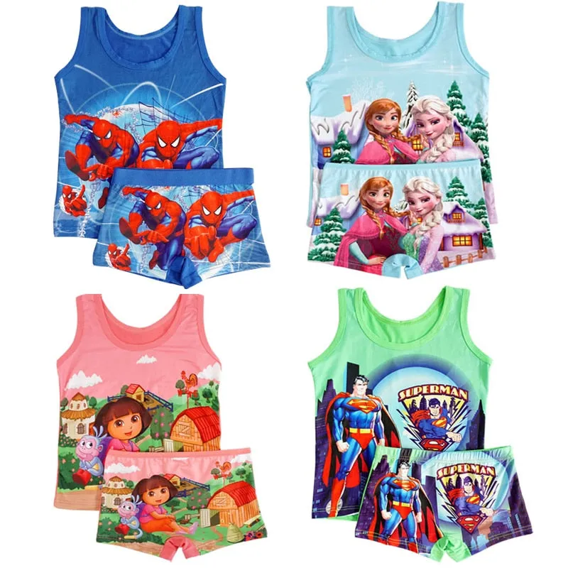 2019 summer Kids clothes boy spiderman set Children set girls elsa set girl Casual Milk Silk princess vest short Pants 7 styles