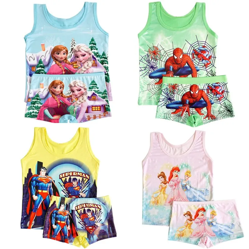 2019 summer Kids clothes boy spiderman set Children set girls elsa set girl Casual Milk Silk princess vest short Pants 7 styles