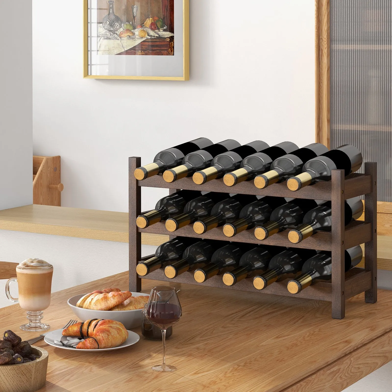 3-Tier Bamboo Wine Rack with Wave Slot for Kitchen-Coffee