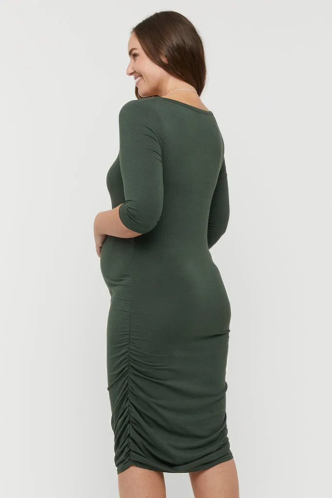 3/4 Sleeve Maternity Ruched Dress - Forest