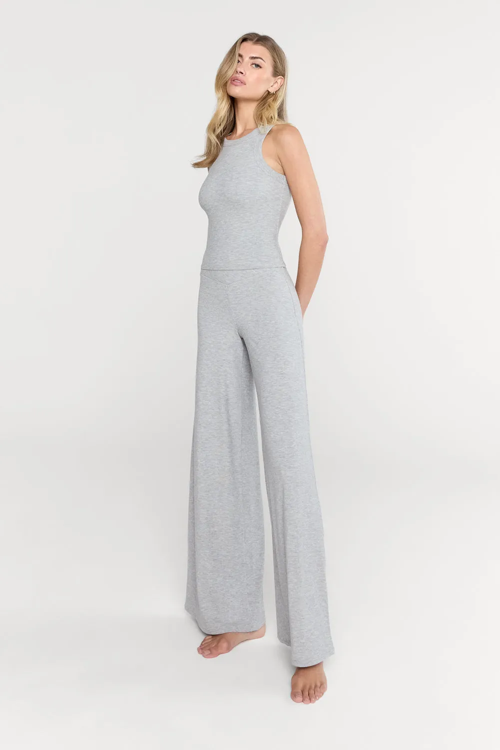 365 SCULPTING LOUNGE WRAP WAIST WIDE LEG TROUSERS - GREY MARL