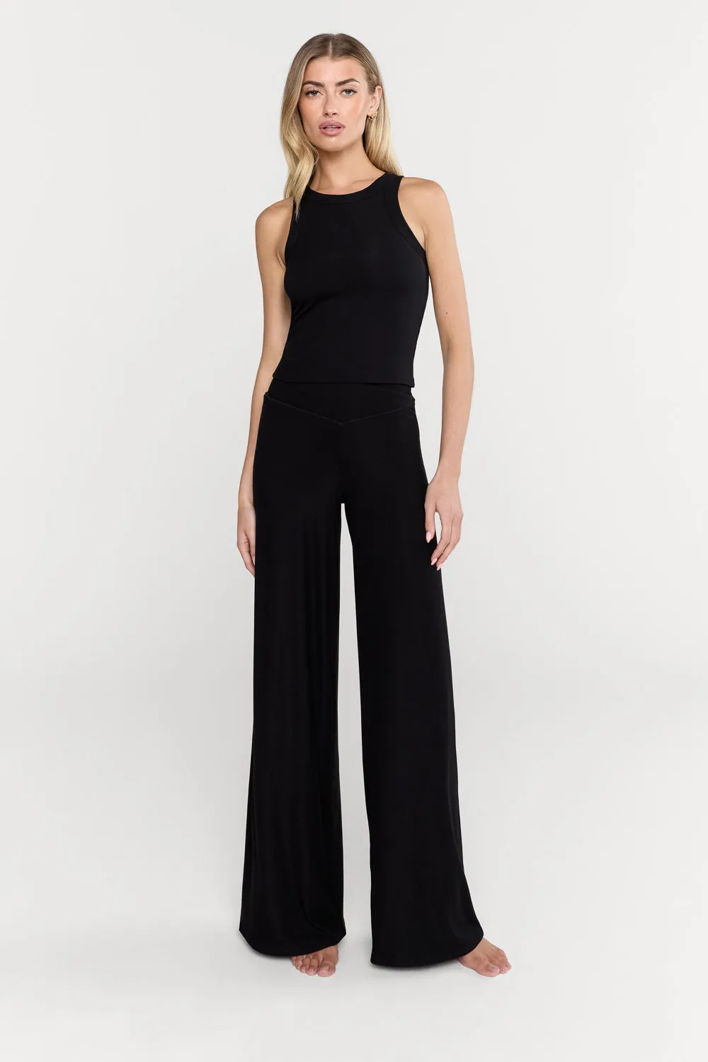 365 SCULPTING LOUNGE WRAP WAIST WIDE LEG TROUSERS - SHADOW BLACK