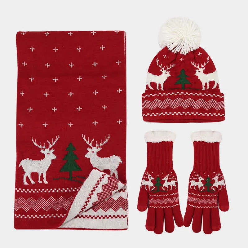 3Pcs Women's Reindeer Tree Jacquard Hat Scarf Gloves Set