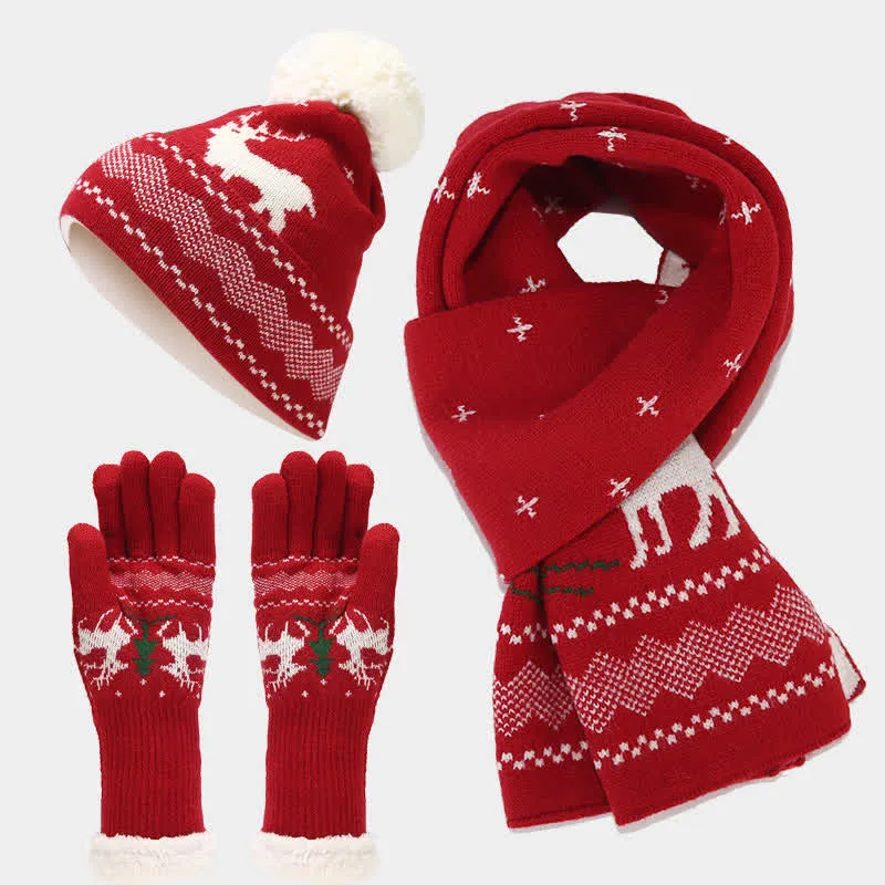 3Pcs Women's Reindeer Tree Jacquard Hat Scarf Gloves Set