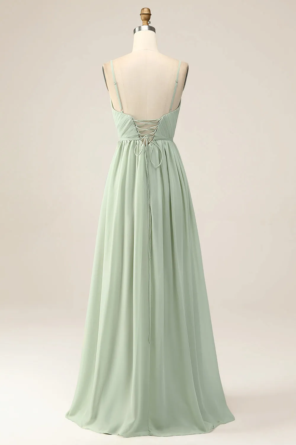 A-Line Dusty Sage Chiffon Spaghetti Straps Maxi Dress with Slit