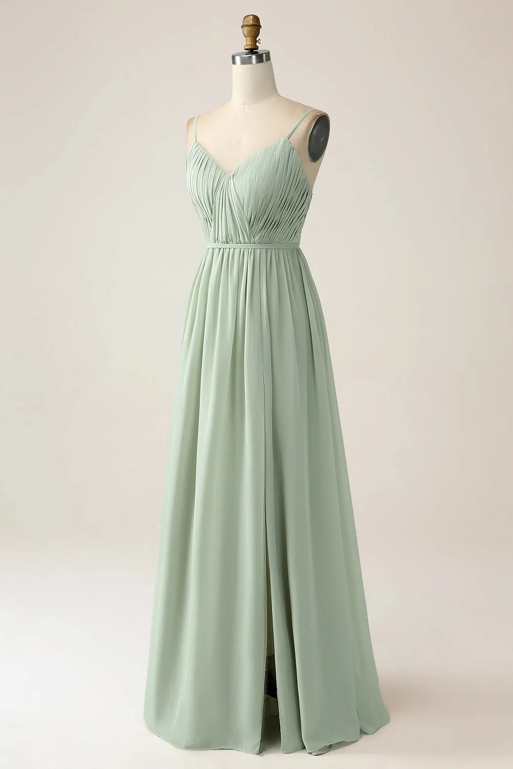 A-Line Dusty Sage Chiffon Spaghetti Straps Maxi Dress with Slit