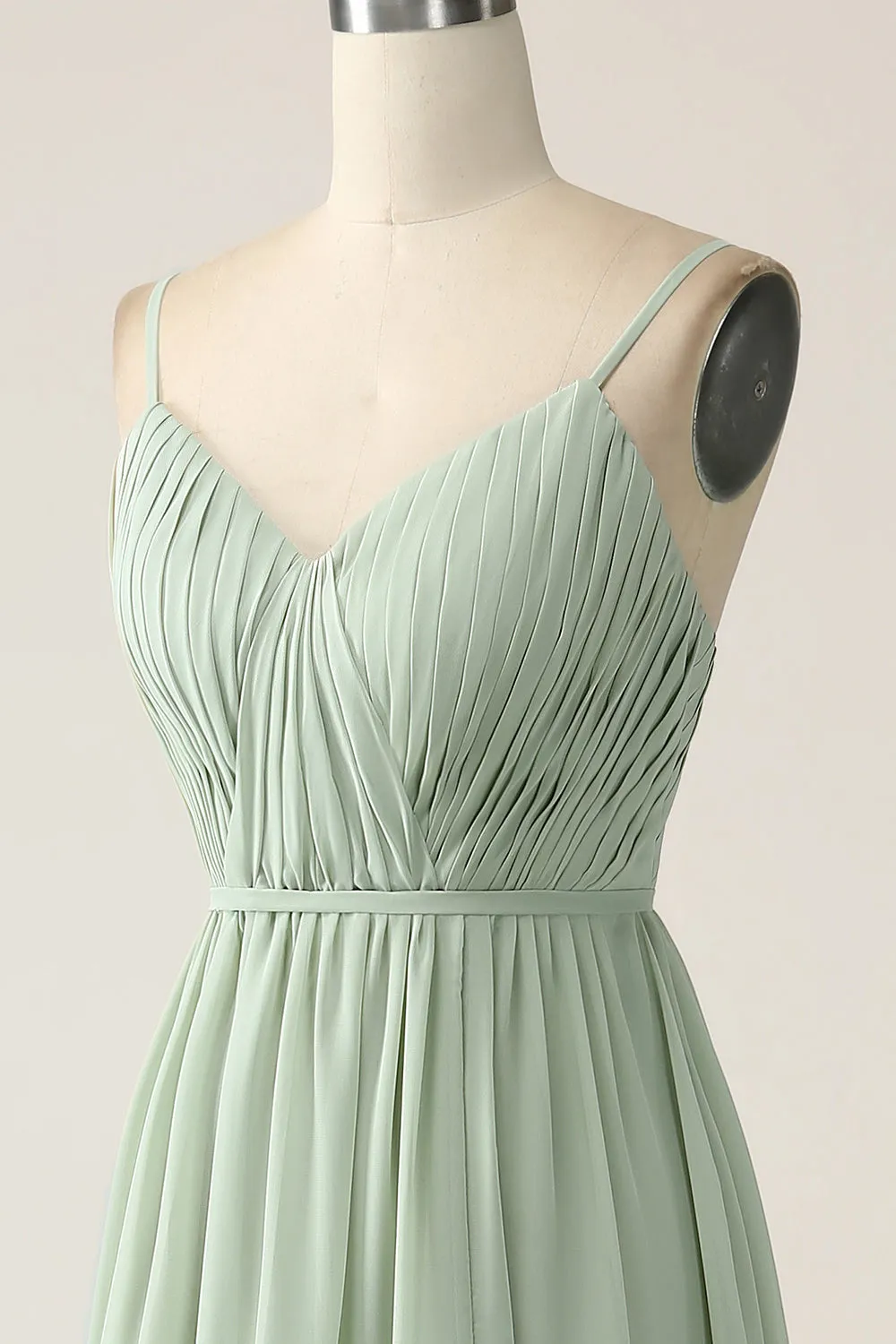 A-Line Dusty Sage Chiffon Spaghetti Straps Maxi Dress with Slit