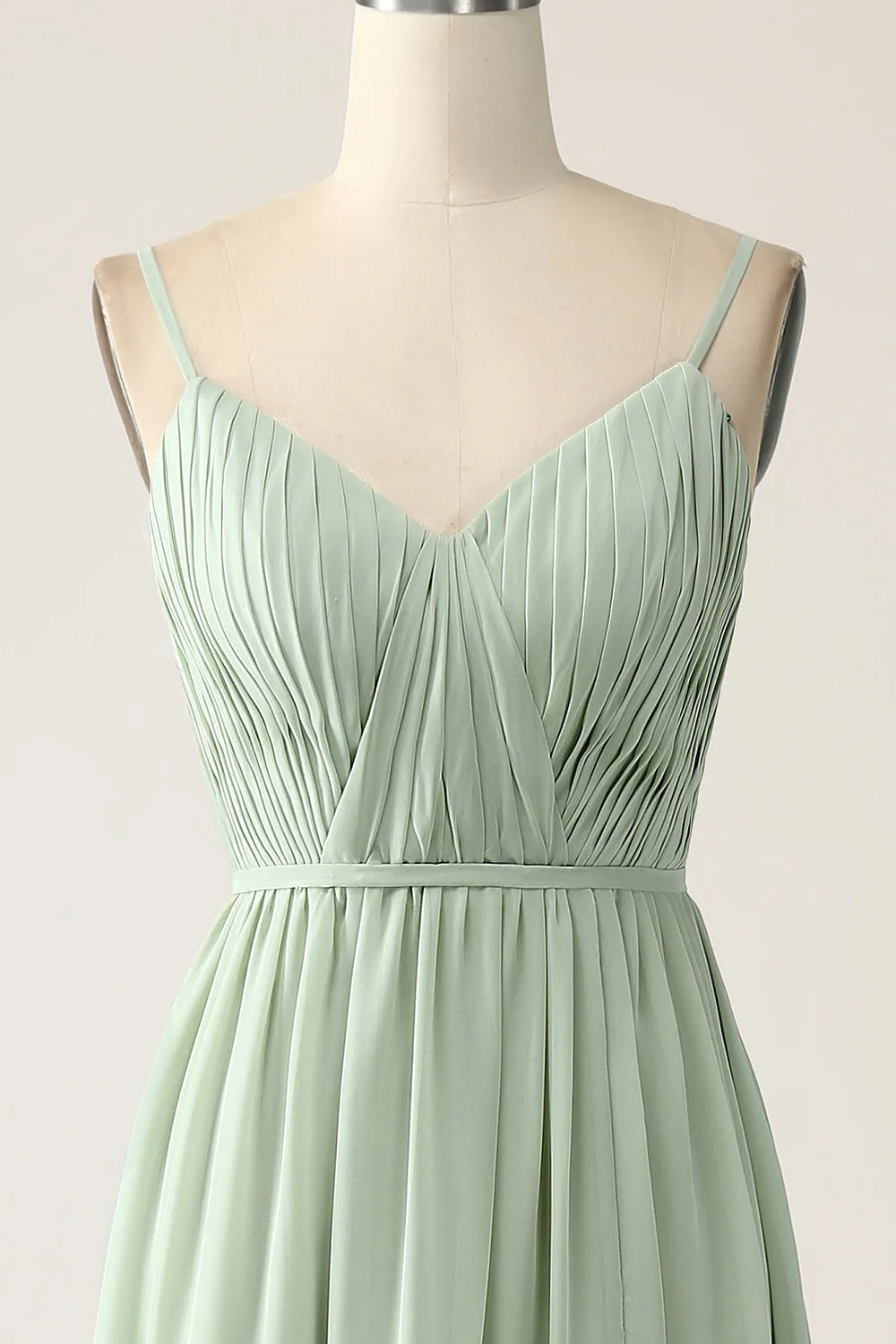 A-Line Dusty Sage Chiffon Spaghetti Straps Maxi Dress with Slit