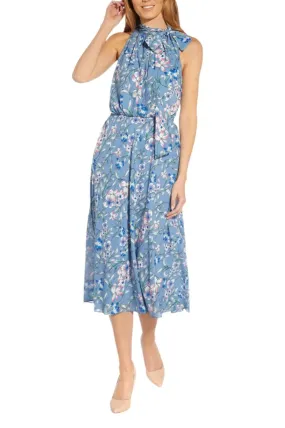 Adrianna Papell Tie Halter Neck Sleeveless Blouson Floral Print Fit & Flare Chiffon Dress