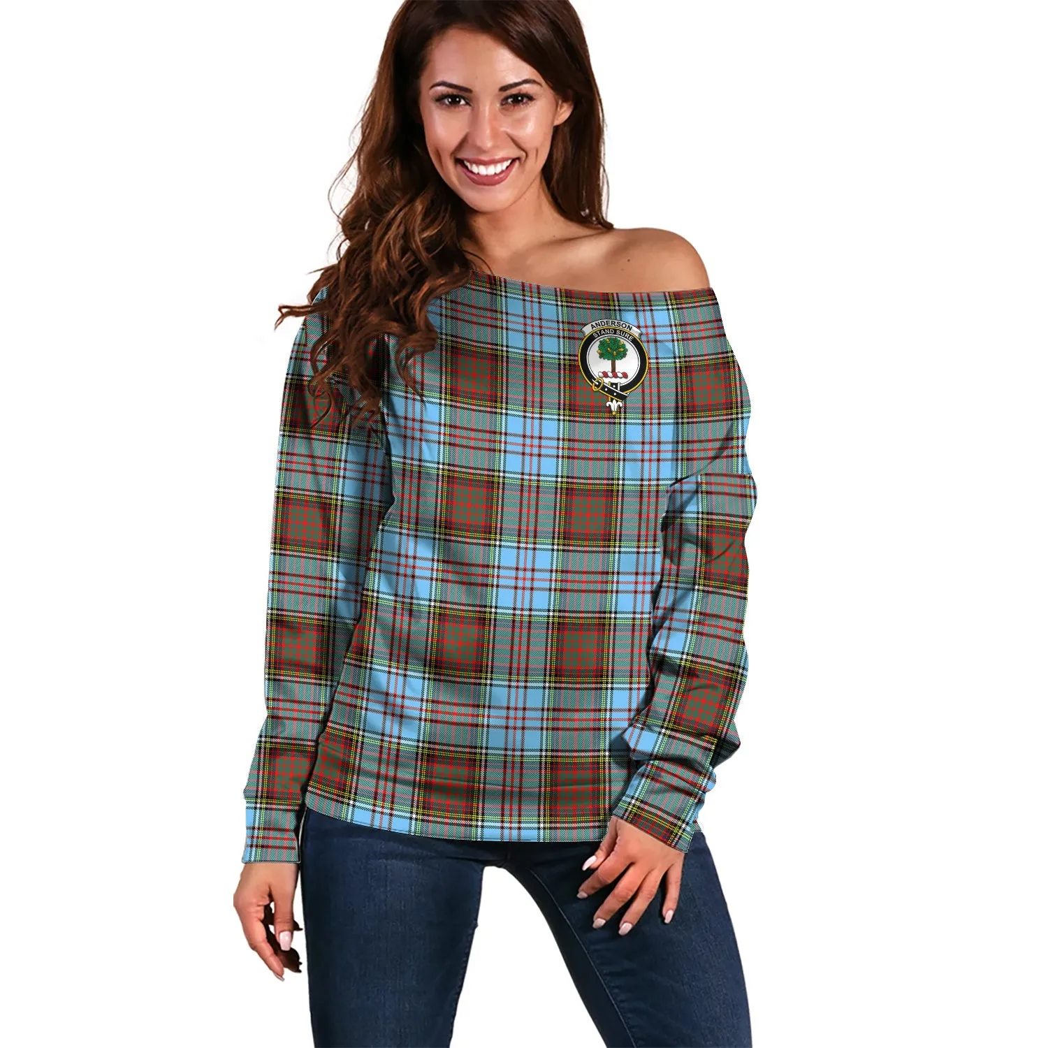 Anderson Ancient Tartan Off Shoulder Women Sweater with Family Crest