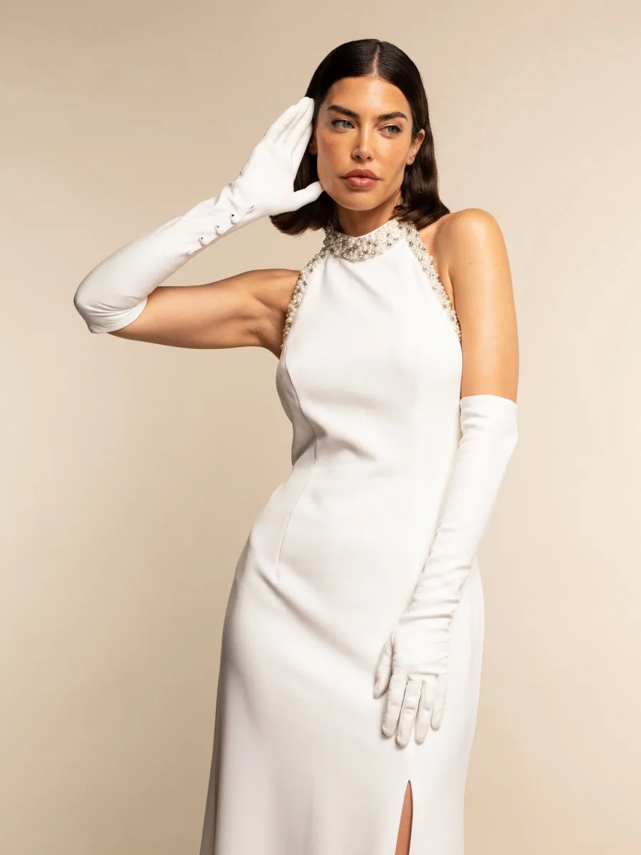 Angelina (white) - Italian silk lined 12-button length leather bridal / opera gloves