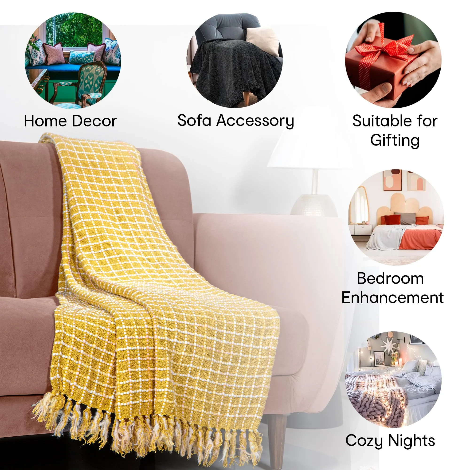 Anko Australia Cotton & Polyester Woven Ellis Sofa Throw | Super Soft Throws for Sofa and Couch | Machine Washable & Fade Resistant Throw Blanket | Mustard | Ideal for Picnic & Gifts | 152x127cm