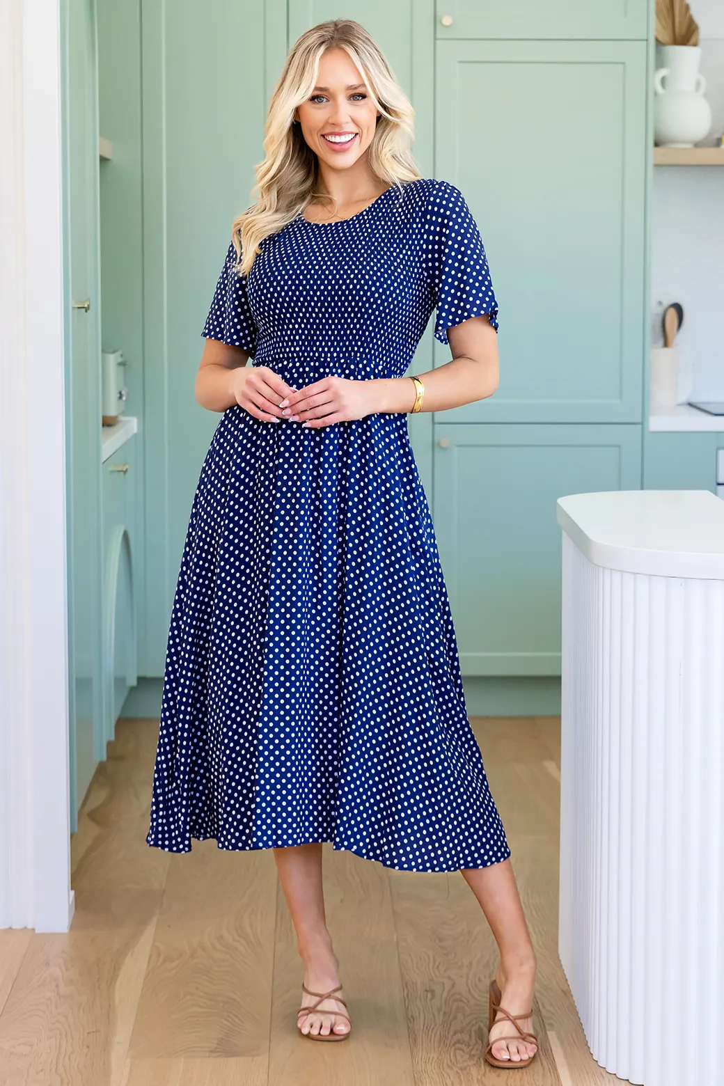 Annalee Midi Dress Navy White Mini Spot