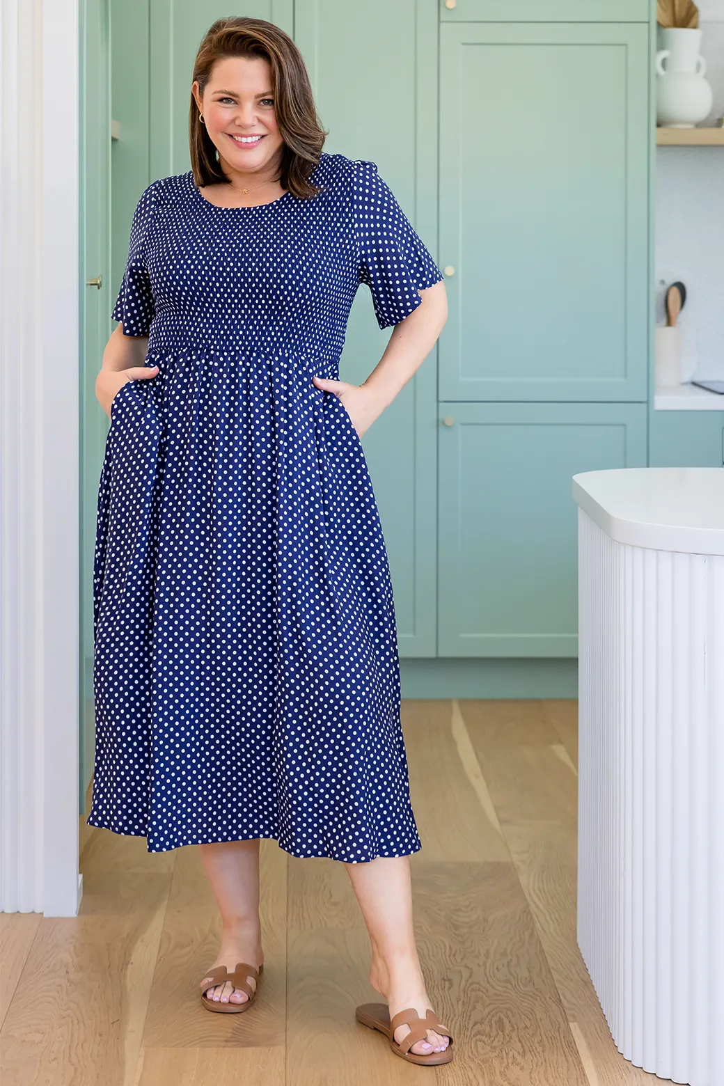 Annalee Midi Dress Navy White Mini Spot