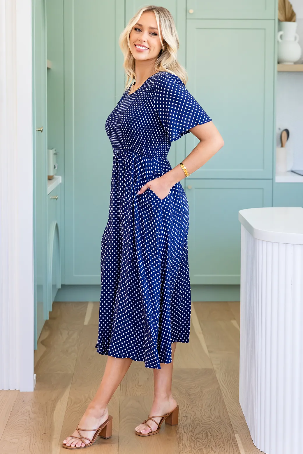 Annalee Midi Dress Navy White Mini Spot